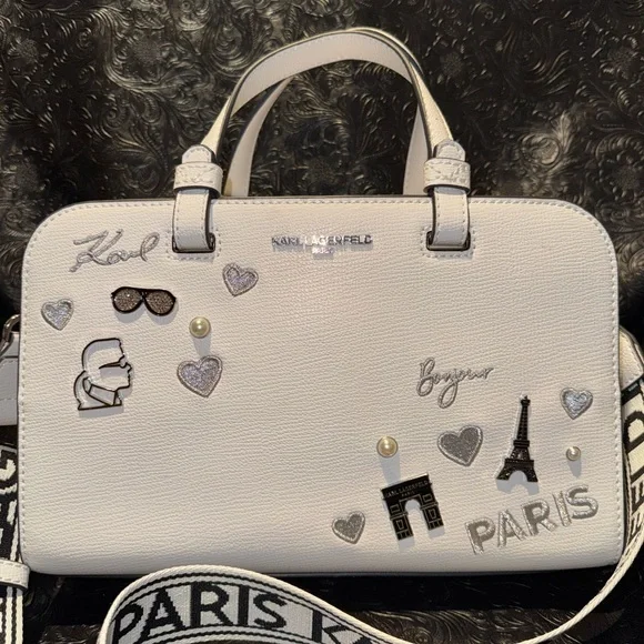 KARL LAGERFELD MAYBELLE BLACK WHITE SATCHEL TOTE CROSSBODY - Picture 3 of 11